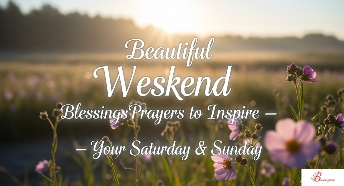 Weekend blessings image with inspiring quote and peaceful nature background for Saturday and Sunday. 