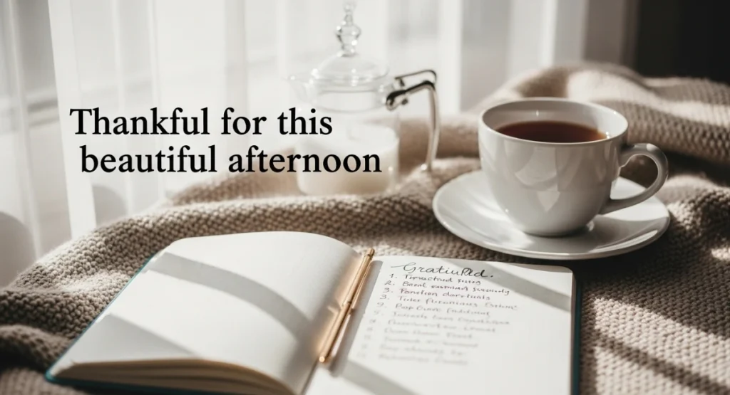 a cup of tea and a notebook on a blanket
